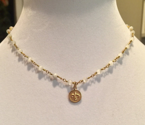 Catherine Popesco Fleur de lis Necklace ~ White Opal Stones ~ La Vie Parisienne Jewelry