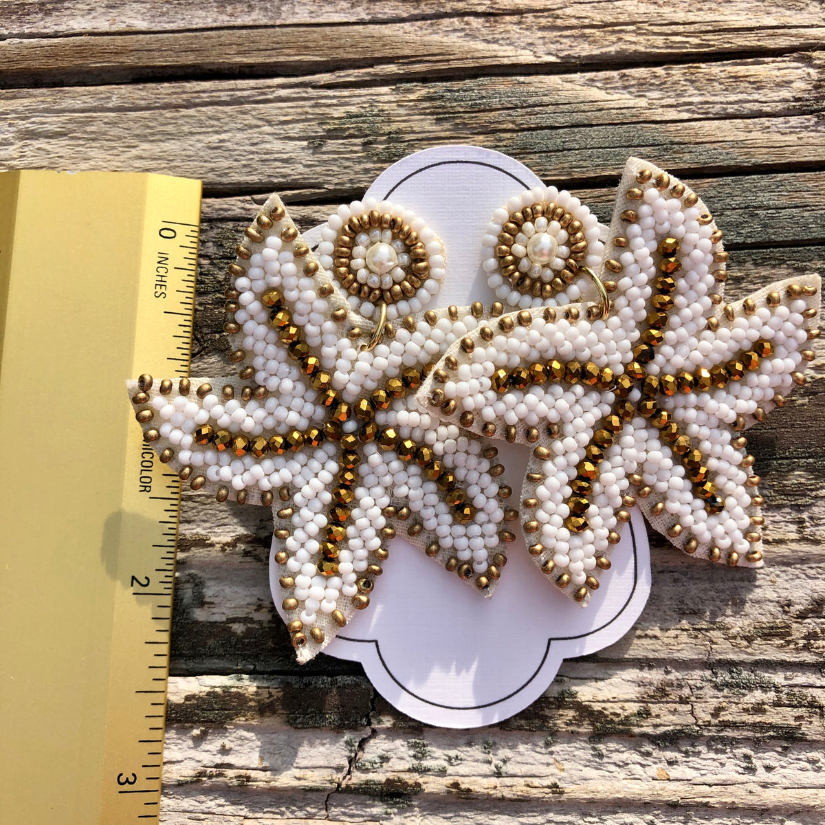 White & Gold Beaded Starfish Earrings