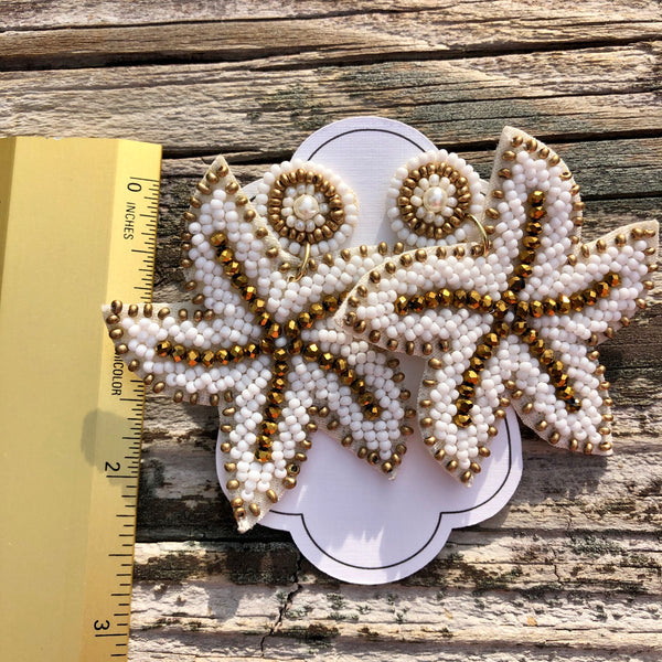 White & Gold Beaded Starfish Earrings