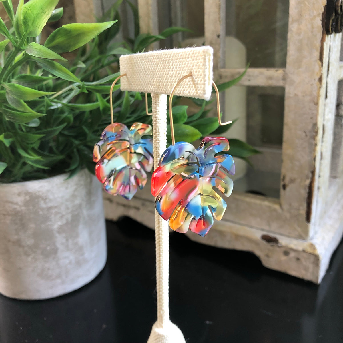 Acrylic Palm Leaf Earrings - Multi Color on Gold