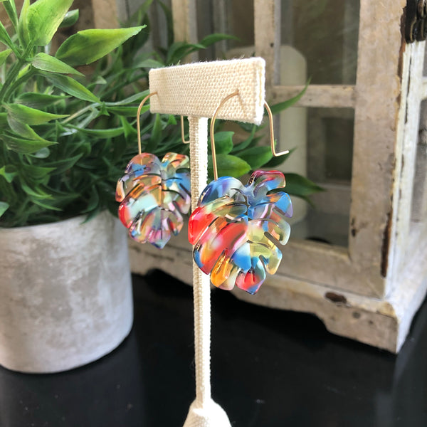 Acrylic Palm Leaf Earrings - Multi Color on Gold