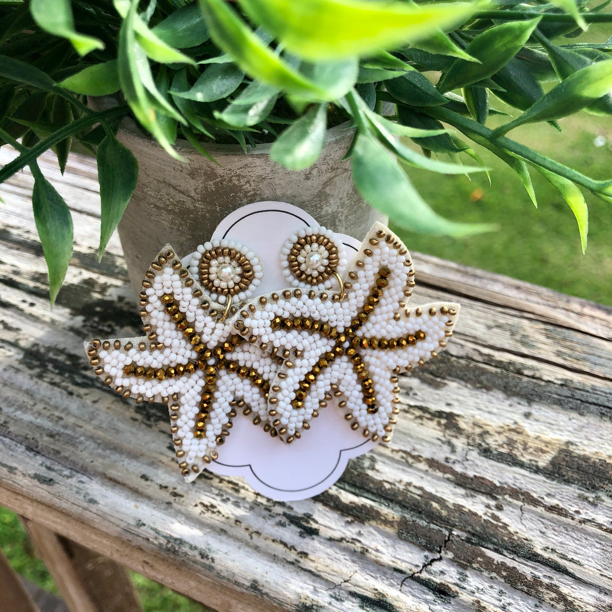 White & Gold Beaded Starfish Earrings