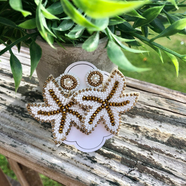 White & Gold Beaded Starfish Earrings