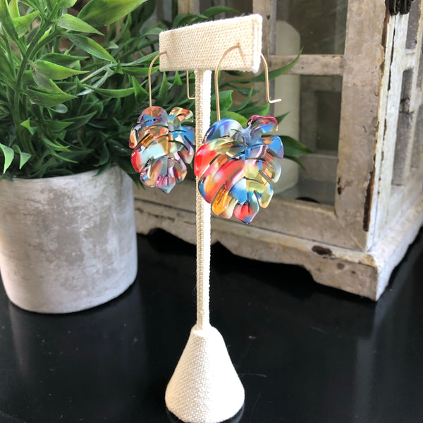 Acrylic Palm Leaf Earrings - Multi Color on Gold