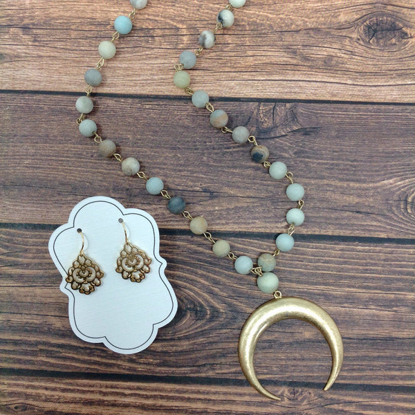 Beaded Double Horn Crescent Necklace